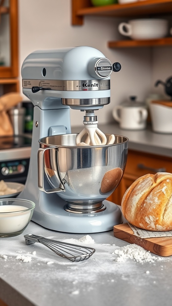 A stand mixer kneading dough with flour and bread ingredients on a countertop.
